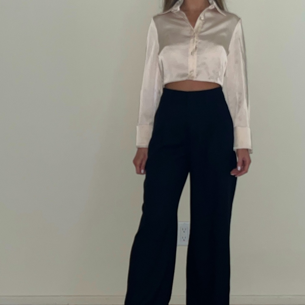 Never worn, with tags. Cropped silky button down. Ivory/cream colored.